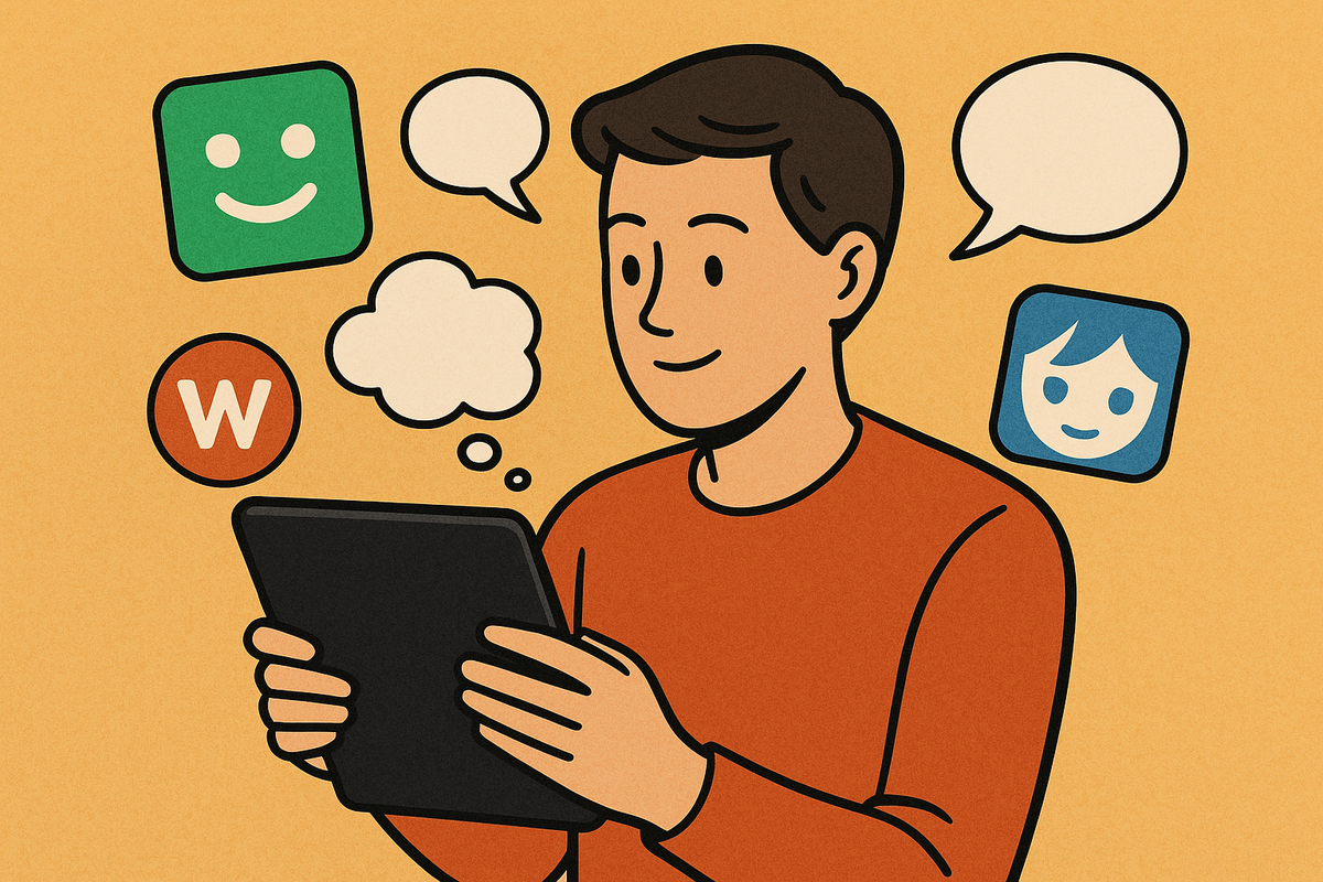 Osoba czytająca komiks online na tablecie, wokół dymki komiksowe i ikonki aplikacji, poziomy kadr 3:2