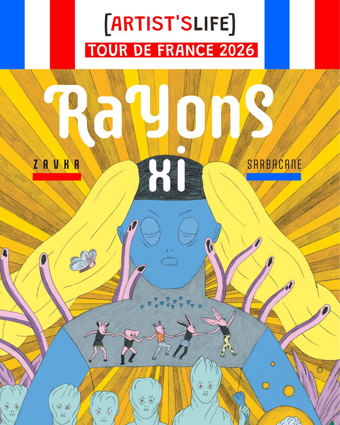 Francuska grafika promująca trasę Zavki z komiksem „Rayons Xi” w Paryżu i Lyonie