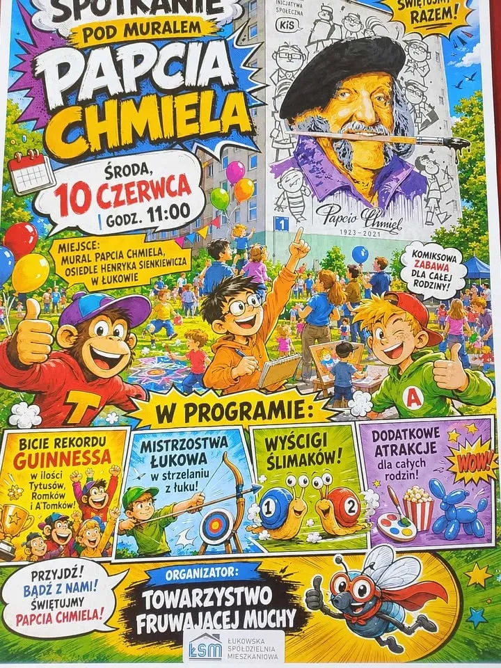 Plakat wydarzenia pod muralem Papcia Chmiela w Łukowie z Tytusem, Romkiem i A’Tomkiem.