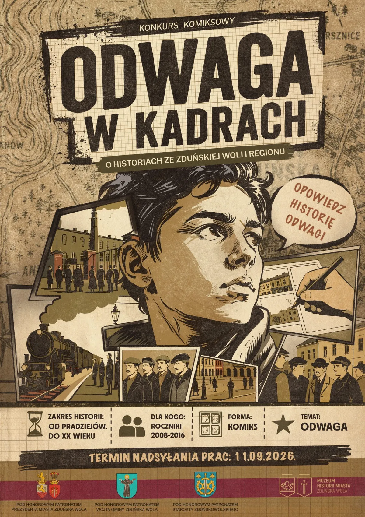 Plakat konkursu komiksowego „Odwaga” organizowanego przez Muzeum Historii Miasta Zduńska Wola