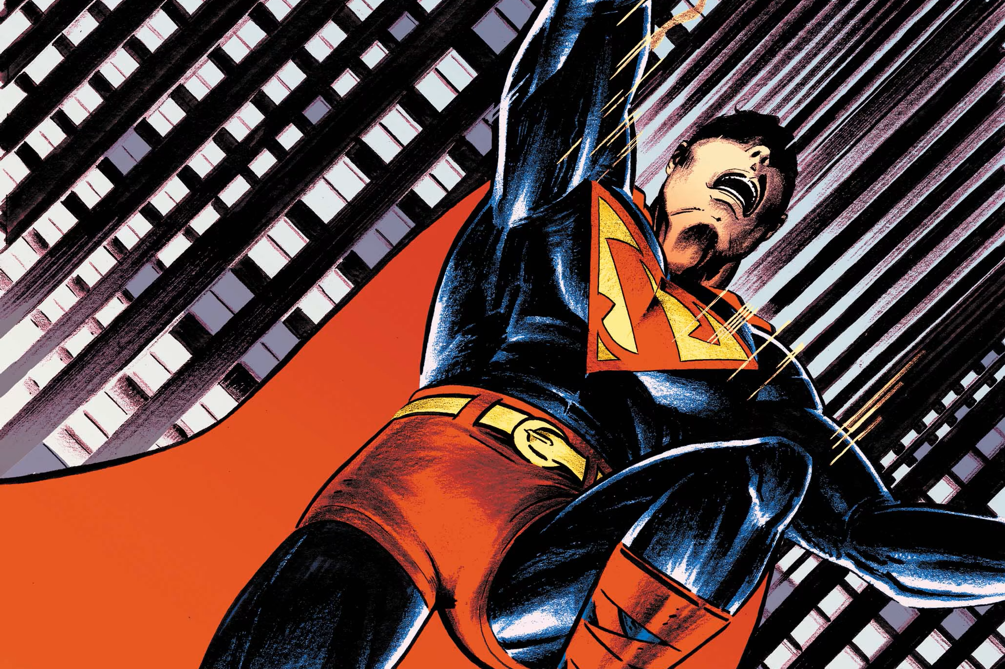 Superman unoszący się nad nocnym, art déco Metropolis w klimacie dawnych komiksów DC