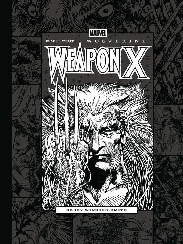 Czarno-biała ilustracja inspirowana historią „Weapon X”, pokazująca Wolverina w laboratoryjnej scenerii