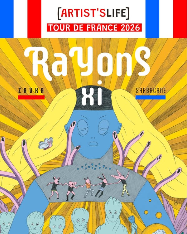 Francuska grafika promująca trasę Zavki z komiksem „Rayons Xi” w Paryżu i Lyonie