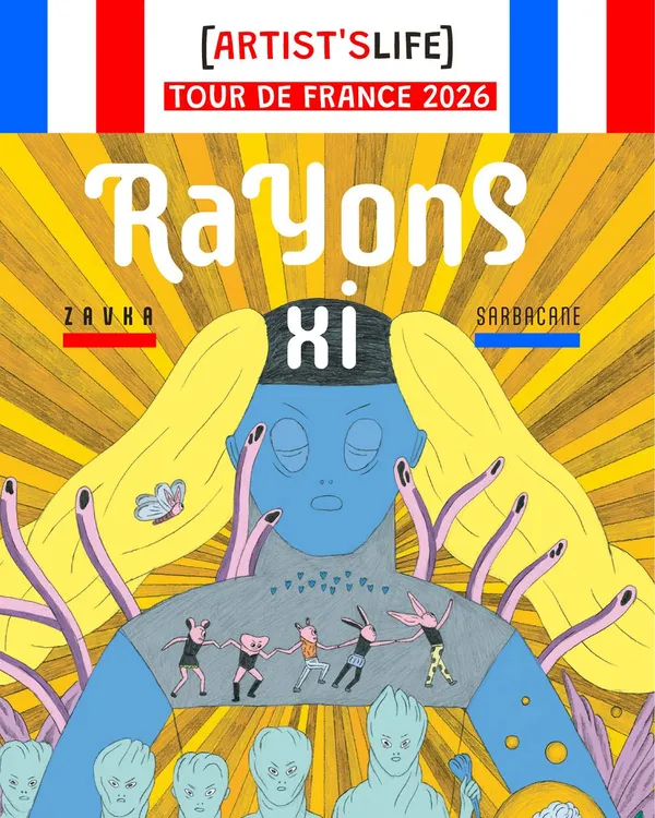 Francuska grafika promująca trasę Zavki z komiksem „Rayons Xi” w Paryżu i Lyonie