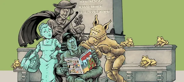Ilustracja wydarzenia Giełda Komiksu w Toruniu z postaciami komiksowymi przed pomnikiem