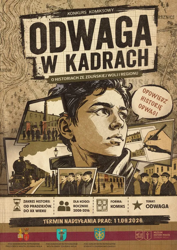 Plakat konkursu komiksowego „Odwaga” organizowanego przez Muzeum Historii Miasta Zduńska Wola
