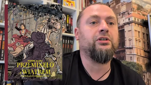 Fragment nagrania odcinka Komiksowy Radar, na którym widać Wojciecha Boczonia i okładkę komiksu Przeminęło z Wiatrem.
