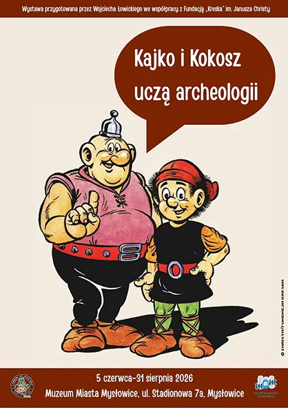 Plansza wystawy „Kajko i Kokosz uczą archeologii” z bohaterami komiksów Janusza Christy
